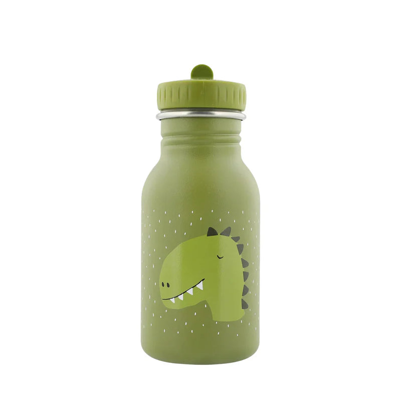 Green 350ml stainless steel kids water bottle with dinosaur design and leakproof cap