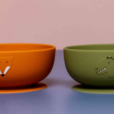 Silicone bowl with suction featuring animal designs, made from 100% soft silicone, spill-proof and dishwasher safe