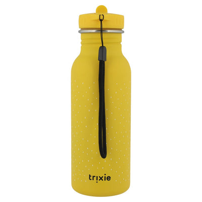 Yellow stainless steel water drinking bottle for kids with leakproof cap and carrying loop, designed by Trixie.