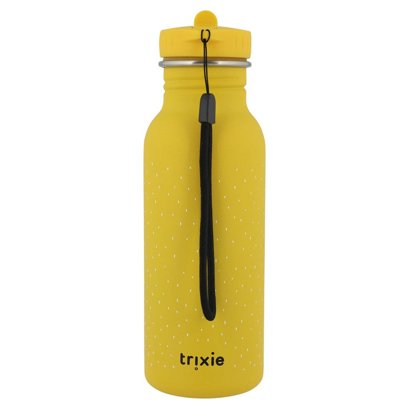 Yellow stainless steel water drinking bottle for kids with leakproof cap and carrying loop, designed by Trixie.