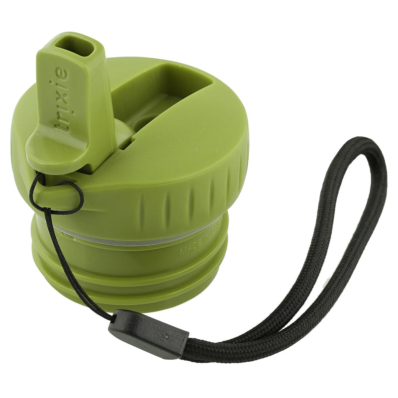 Green Trixie 500ml bottle cap with drinking spout and black carrying loop for kids water bottle