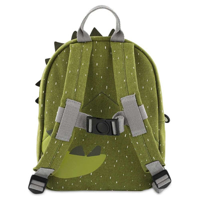 Green kids backpack with adjustable padded straps and chest strap, dinosaur design, water repellent and name tag inside, 31x23x13 cm