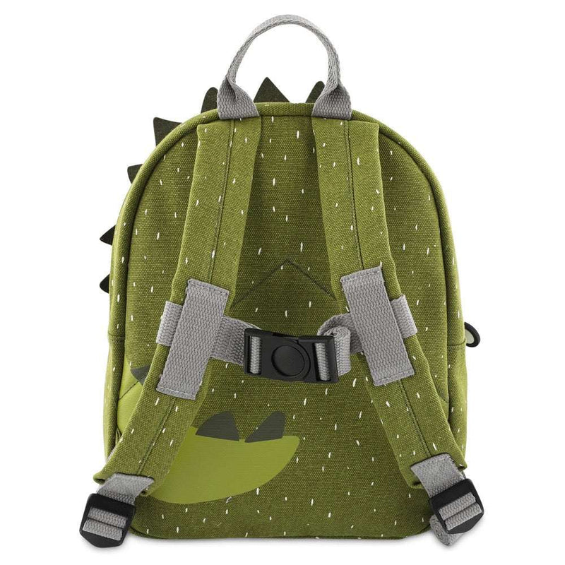Green kids backpack with adjustable padded straps and chest strap, dinosaur design, water repellent and name tag inside, 31x23x13 cm