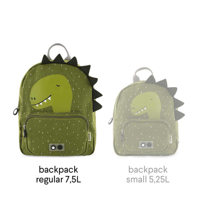 Green children's backpack with Mr. Dino design, adjustable padded straps, chest strap, water repellent cotton fabric, big compartment and front pocket with zippers, 31x23x13 cm.