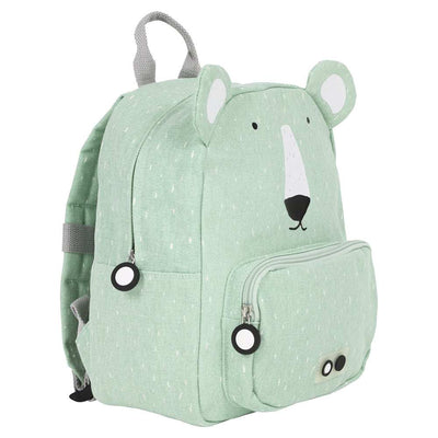 Children's backpack Mr. Polar Bear featuring adjustable straps, front pocket, name tag, and water-repellent cotton fabric