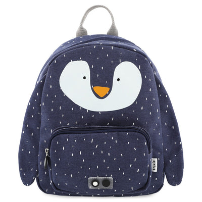 Children's navy blue Backpack - Mr. Penguin with adjustable padded straps, water repellent cotton fabric, front pocket, and penguin face design.
