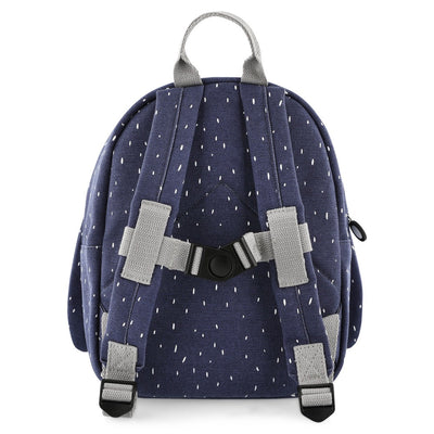 Backpack for children with adjustable padded straps and chest buckle in navy blue with white dots