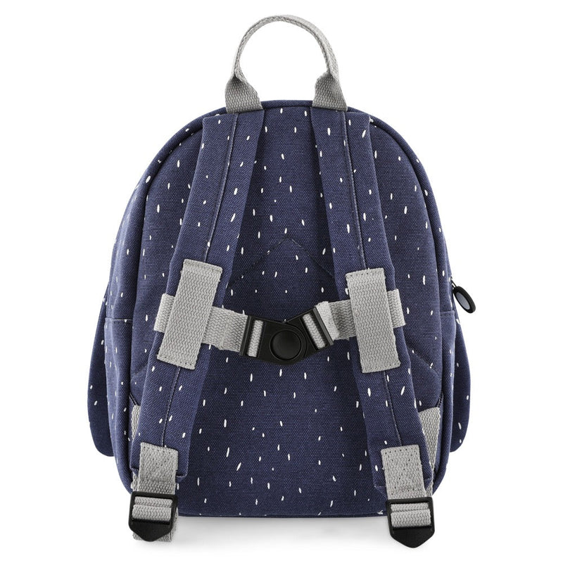 Backpack for children with adjustable padded straps and chest buckle in navy blue with white dots