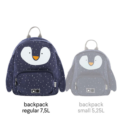 Children's backpack featuring a cute Mr. Penguin design with adjustable padded straps, chest strap, water-repellent cotton fabric, large main compartment, front pocket, and name tag.