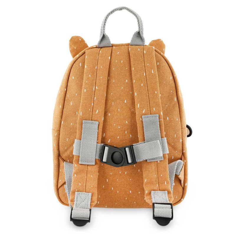 Back view of Trixie Backpack Mr. Fox with padded adjustable straps and chest buckle for children