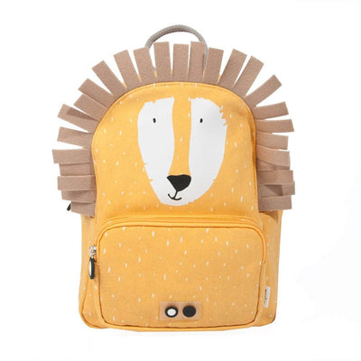 Yellow children's backpack with lion face and mane, adjustable straps, front zipper pocket, and water repellent material.