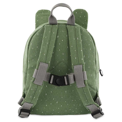 Green children's backpack with frog ear design, adjustable padded straps, chest strap, and water-repellent fabric