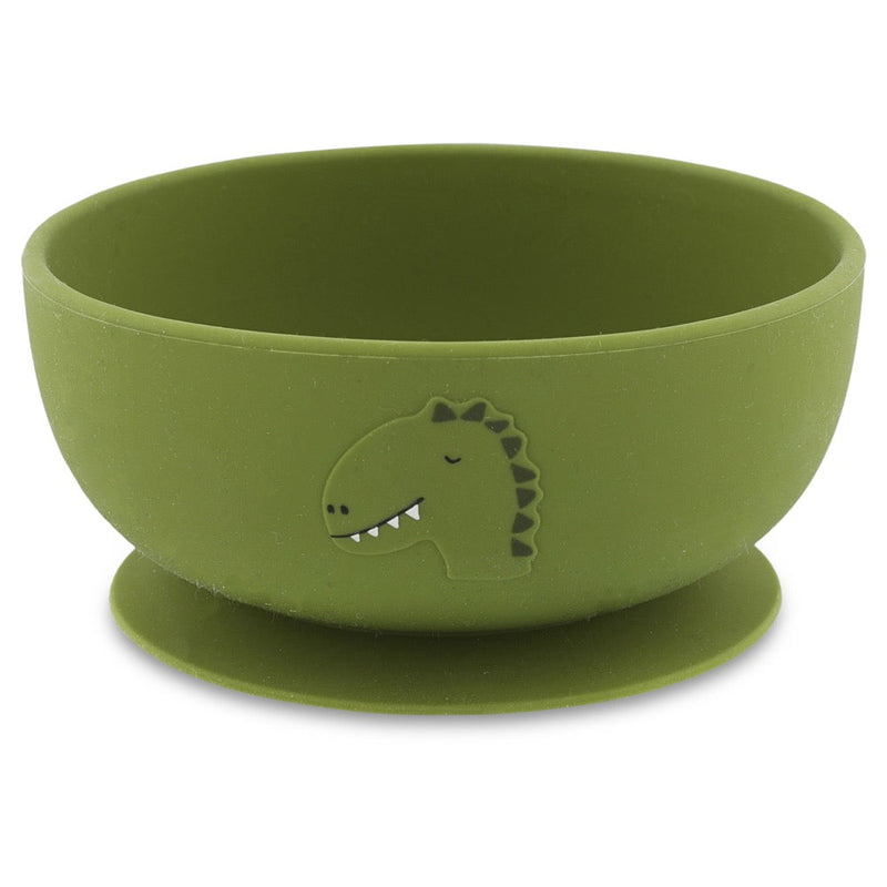Green silicone bowl with suction base featuring a dinosaur design for toddlers and babies.