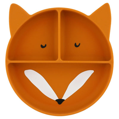 Orange silicone divided suction plate for toddlers with a fox face design and three compartments