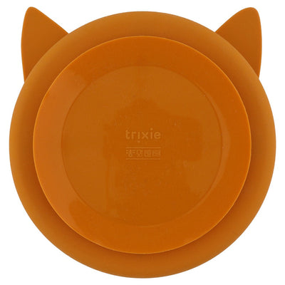 Brown silicone divided suction plate with animal ears for toddlers, microwave and dishwasher safe