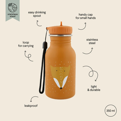 Trixie 350ml stainless steel kids water bottle with fox face, leakproof and durable design with carrying loop and easy cap for small hands