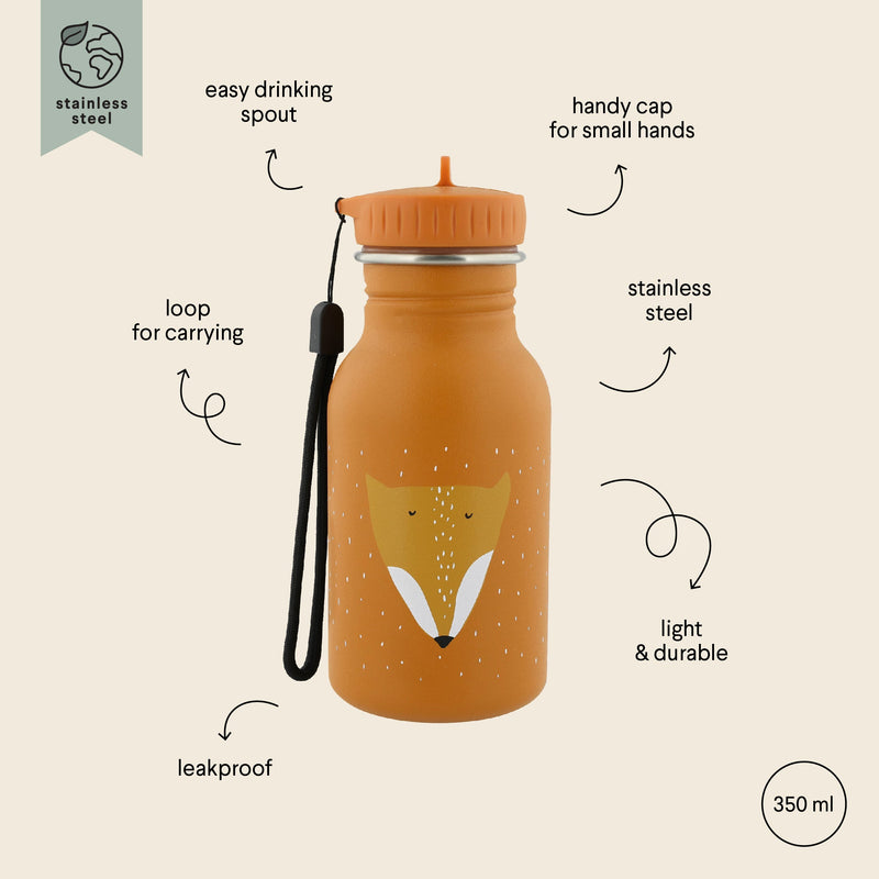 Trixie 350ml stainless steel kids water bottle with fox face, leakproof and durable design with carrying loop and easy cap for small hands