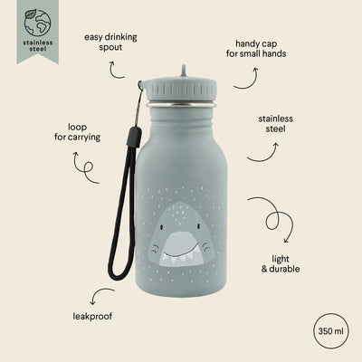 Trixie 350ml stainless steel kids water bottle with shark design, leakproof and lightweight with easy drinking spout and carrying loop
