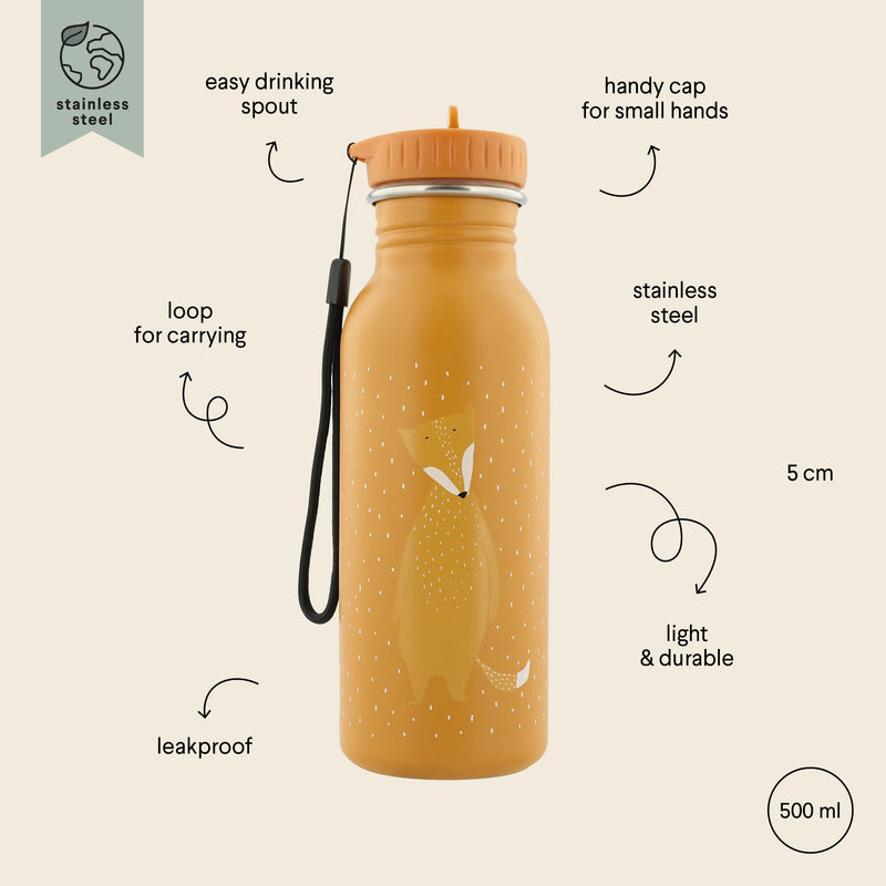 Trixie 500ml stainless steel kids water bottle with fox design, leakproof and lightweight with handy cap and carrying loop