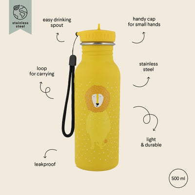 Yellow stainless steel water drinking bottle with lion design, 500ml, leakproof and child-friendly cap, with carrying loop.