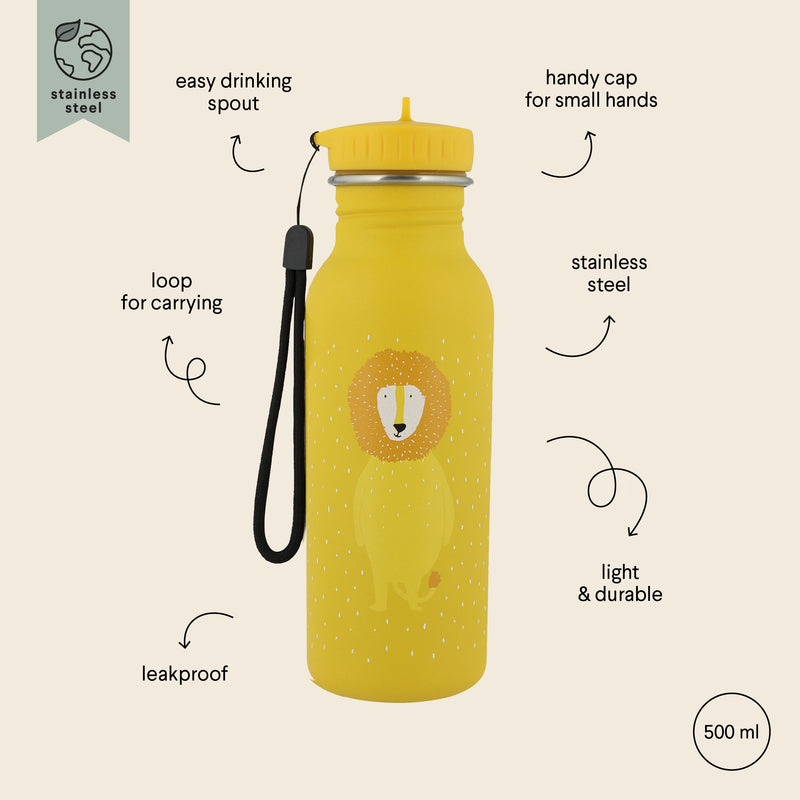 Yellow stainless steel water drinking bottle with lion design, 500ml, leakproof and child-friendly cap, with carrying loop.