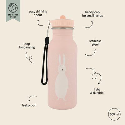 Trixie 500ml stainless steel kids water bottle with pink rabbit design, leakproof and lightweight with handy cap and carrying loop