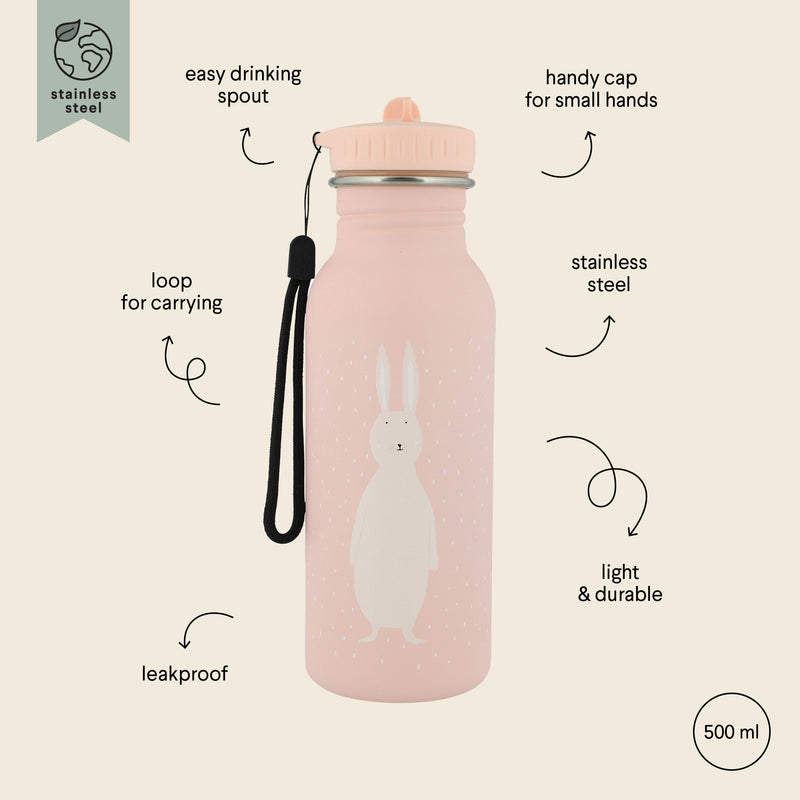 Trixie 500ml stainless steel kids water bottle with pink rabbit design, leakproof and lightweight with handy cap and carrying loop