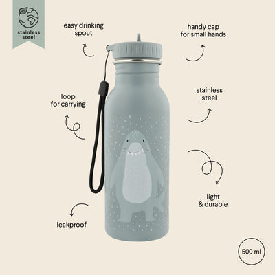 Trixie Bottle 500ml with shark design, stainless steel, leakproof, light and durable, handy cap for kids, carrying loop.