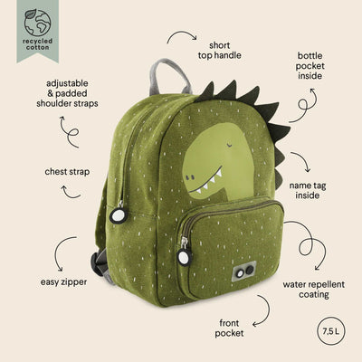 Green children's backpack with dinosaur design, adjustable padded straps, chest strap, water repellent coating, and front pocket - Backpack Mr. Dino