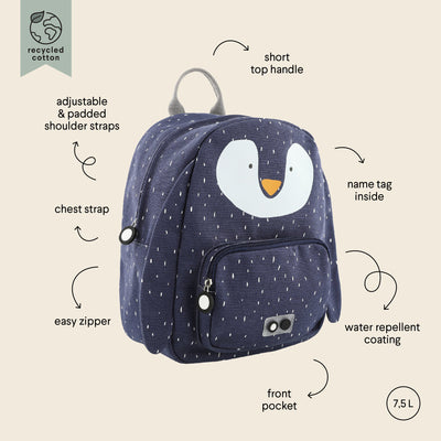 Dark blue kids backpack with penguin face design, adjustable padded straps, chest strap, front pocket, and water-repellent coating