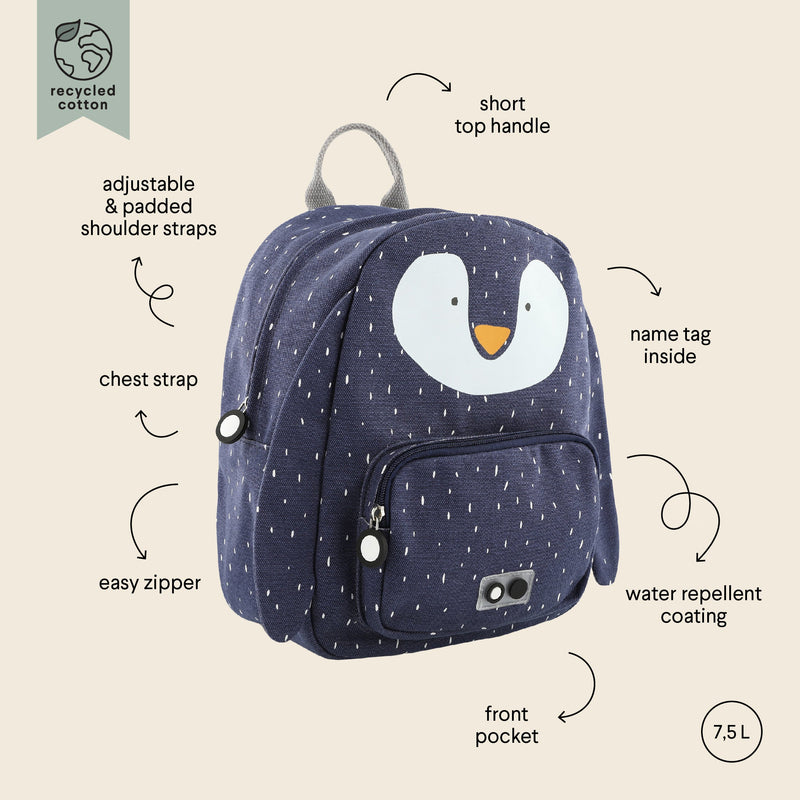 Dark blue kids backpack with penguin face design, adjustable padded straps, chest strap, front pocket, and water-repellent coating