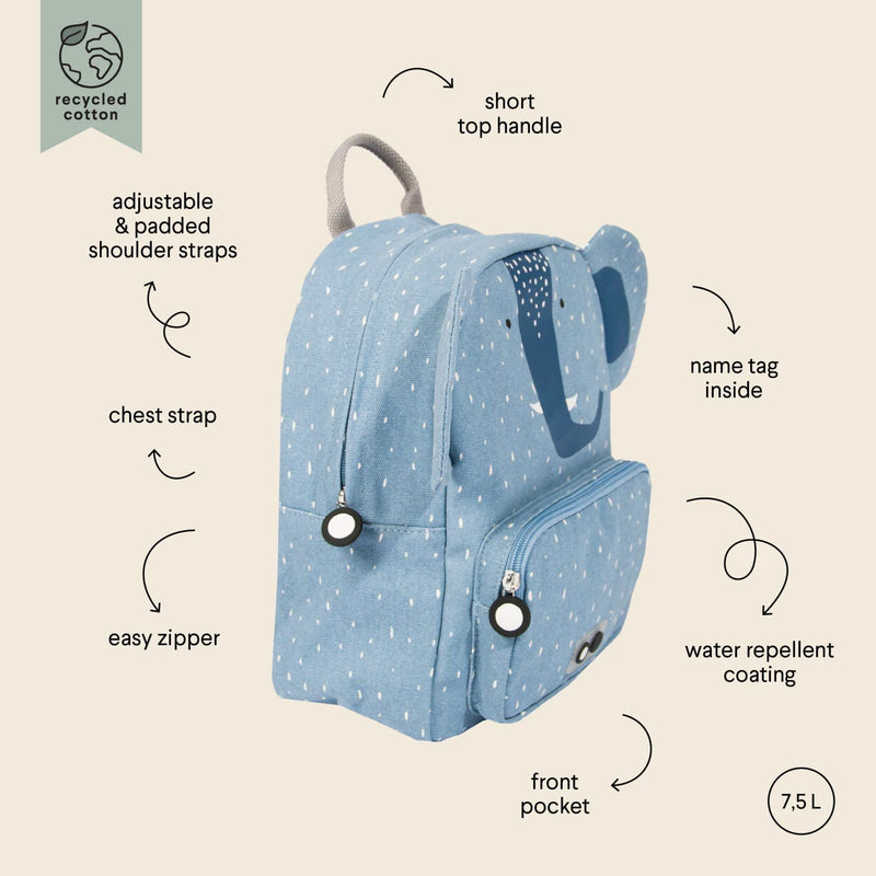Blue kids backpack Mrs. Elephant with adjustable padded straps, chest strap, front pocket, water repellent coating, and name tag inside