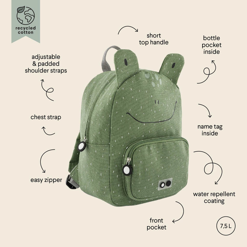 Green kids backpack with Mr. Frog design, adjustable padded straps, chest strap, water repellent, and multiple pockets