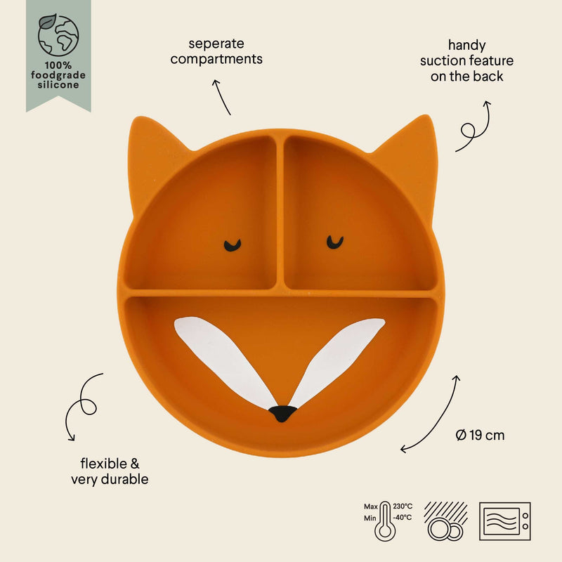 Orange silicone divided suction baby plate with fox face design and separate compartments, flexible and dishwasher safe
