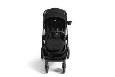 Joie Finiti black multi-functional stroller with cup holder and adjustable seat facing forward on white background