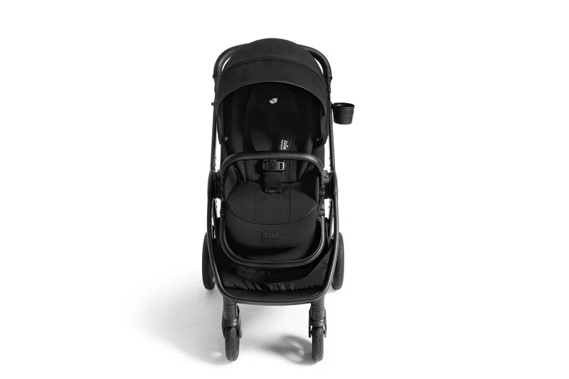 Joie Finiti black multi-functional stroller with cup holder and adjustable seat facing forward on white background
