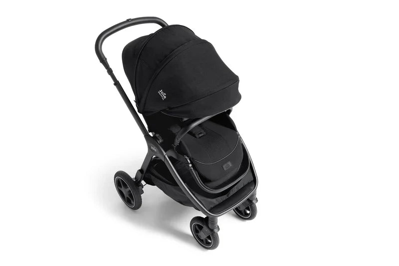 Joie Finiti black 4-in-1 multi-tasking pram with canopy and swivel front wheels.