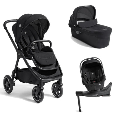 Joie Finiti Flex Travel Ready Bundle with black multi-function pram, carrycot, infant car seat, and rotating base for smooth ride and easy travel