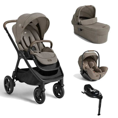 Joie Finiti Flex travel bundle with pram, carrycot, infant car seat, and rotating base in maple color
