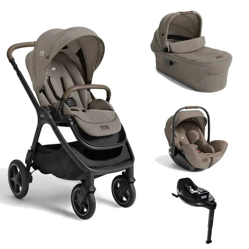 Joie Finiti Flex travel bundle with pram, carrycot, infant car seat, and rotating base in maple color