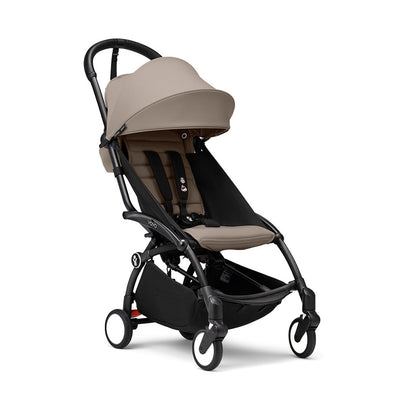 Stokke YOYO3 stroller in taupe color with black frame, compact and lightweight design for children from 6 months onward