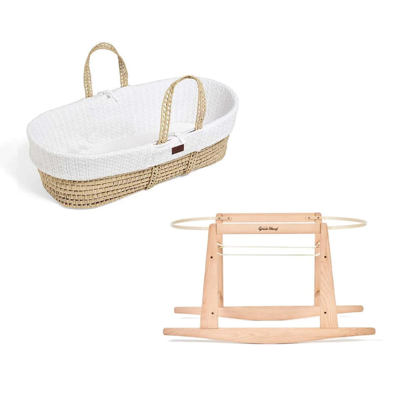 The Little Green Sheep - Organic Knitted Moses Basket + Stand - White