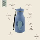 Trixie Bottle 350ml stainless steel kids water bottle with Mrs. Elephant design, leakproof, lightweight, durable, and easy-to-clean with child-friendly cap and carrying loop.