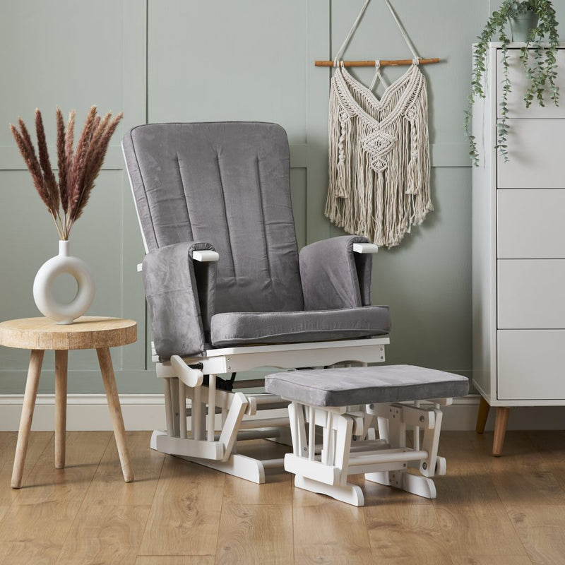 Obaby Deluxe Reclining Glider Chair And Stool - White with grey cushion