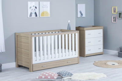 Babymore Luno White Oak Room Set  2 piece - Cot Bed with drawer, & Chest,