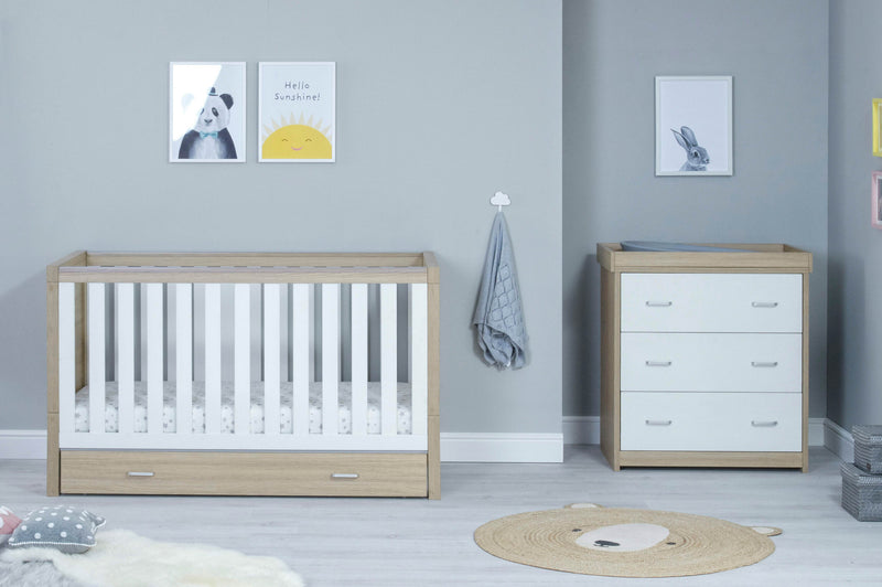 Babymore Luno White Oak Room Set  2 piece - Cot Bed with drawer, & Chest,