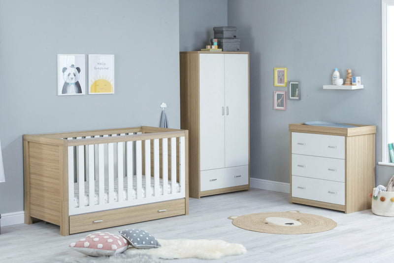 Babymore Luno White Oak Room Set 3 piece - Cot Bed with drawer, Chest, & Wardrobe