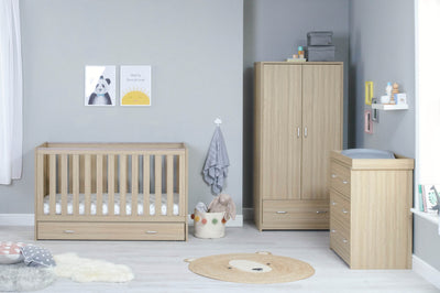 Babymore Veni Oak Room Set 3 pieces - Cot Bed with drawer, Chest & Wardrobe