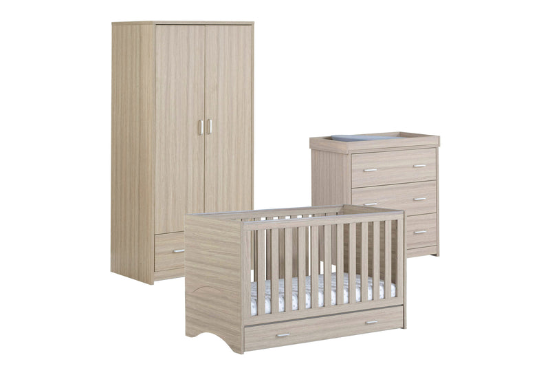 Babymore Veni Oak Room Set 3 pieces - Cot Bed with drawer, Chest & Wardrobe