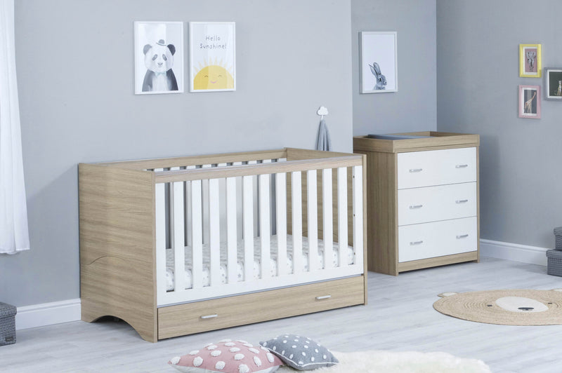 Babymore Veni White Oak Room set 2 pieces - Cot Bed with drawer & Chest
